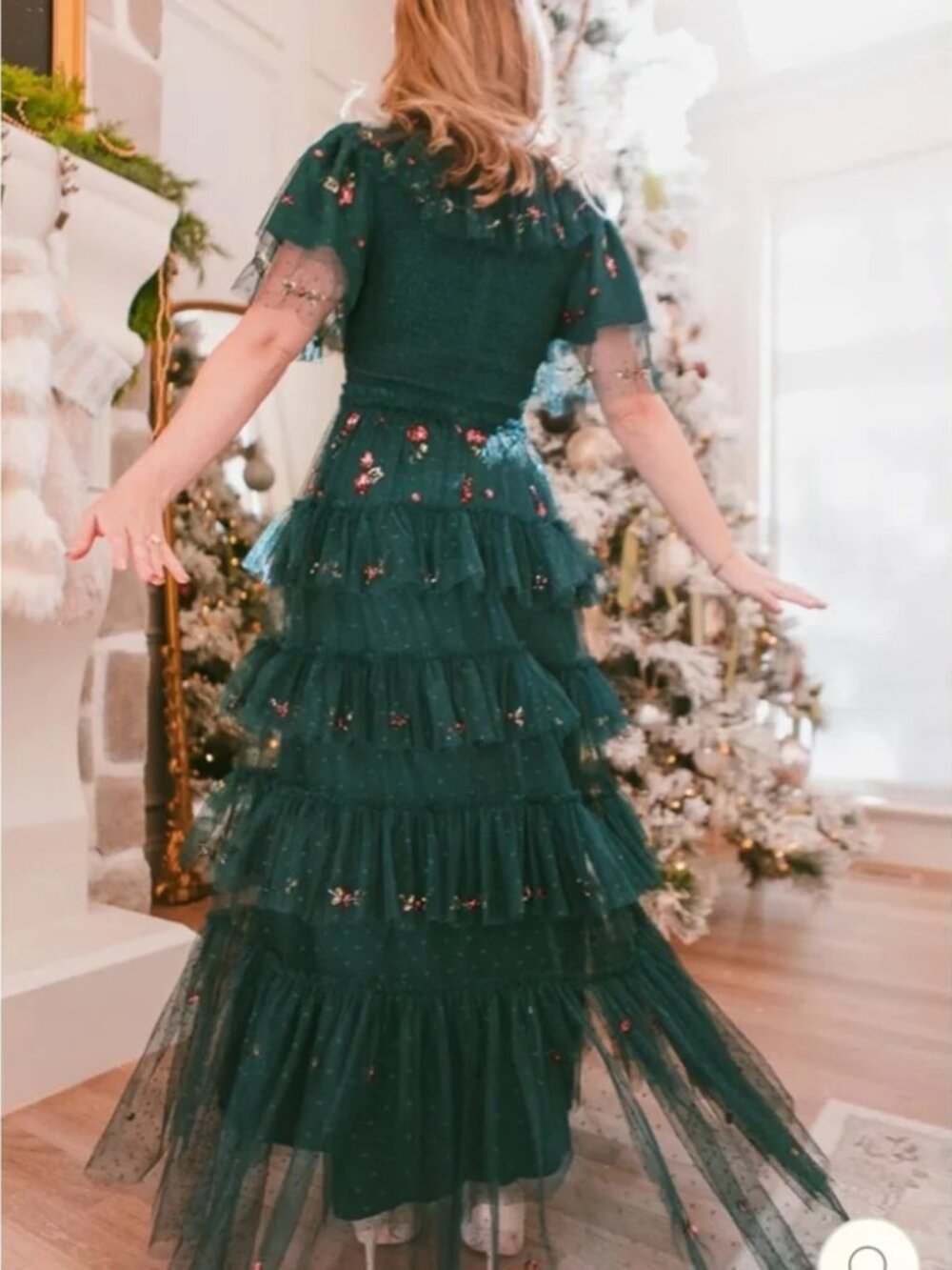 Ivy City Co Amelie Dark Green Floral Tiered Tulle Maxi Dress - Picture 3 of 7